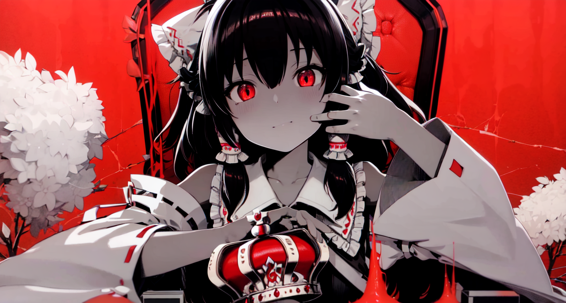 00224-219991470-masterpiece, best quality, ultra-detailed, illustration, 1girl, hakurei reimu, , kingkanariastyle, red background, chair, crown,.png